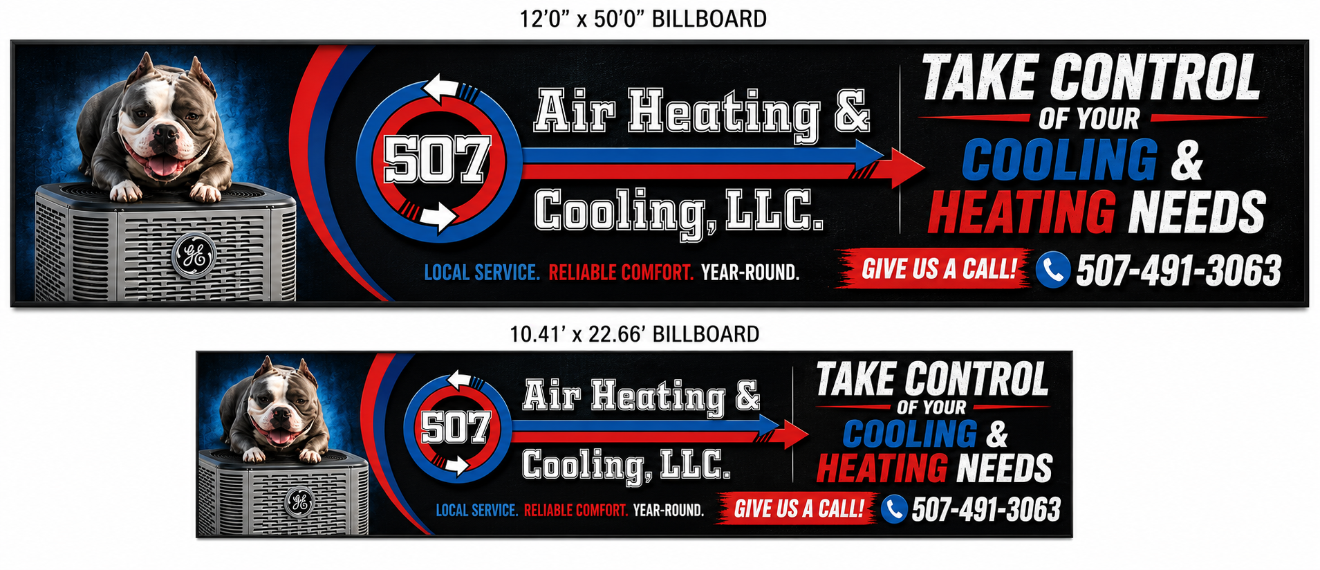 507 Air Heating & Cooling billboard featuring Ruger the dog — Take Control of Your Cooling & Heating Needs